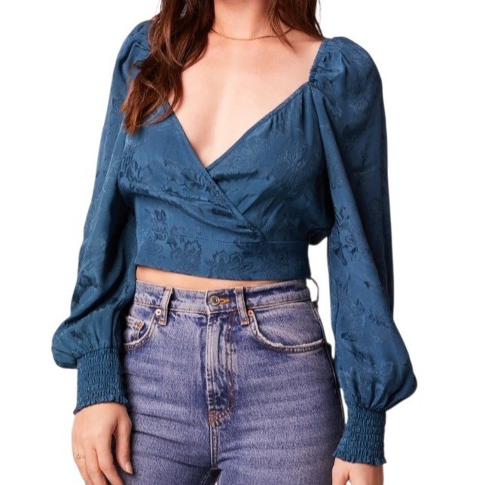 NEW Band Of The Free Teal Satin Jacquard Wrap Tie Back Crop Top SZ M Regency NWT